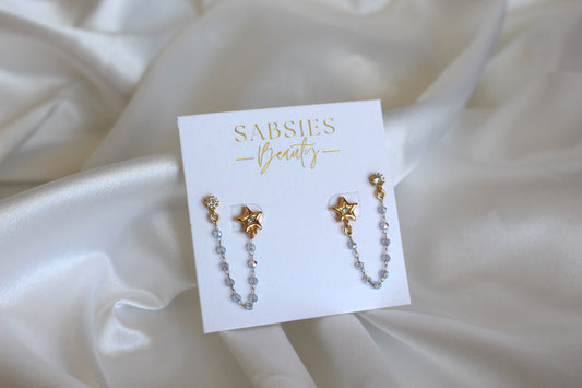 Star Crystal Double Stud with Baby Blue Beaded Chain 18k Gold Plated