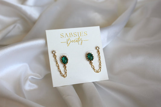 Emerald Double Stud with 18k Gold Plated Chain
