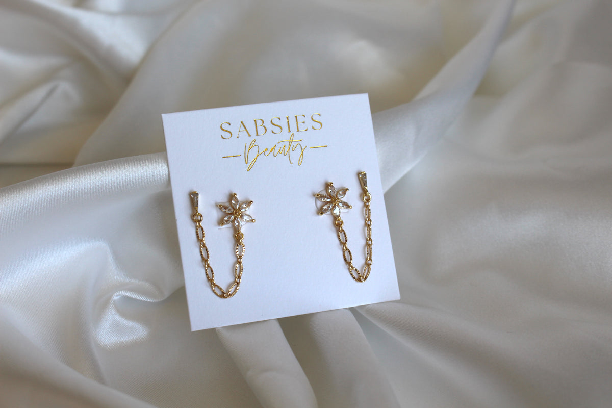 Flower Crystal Double Stud with 18k Gold Plated Chain