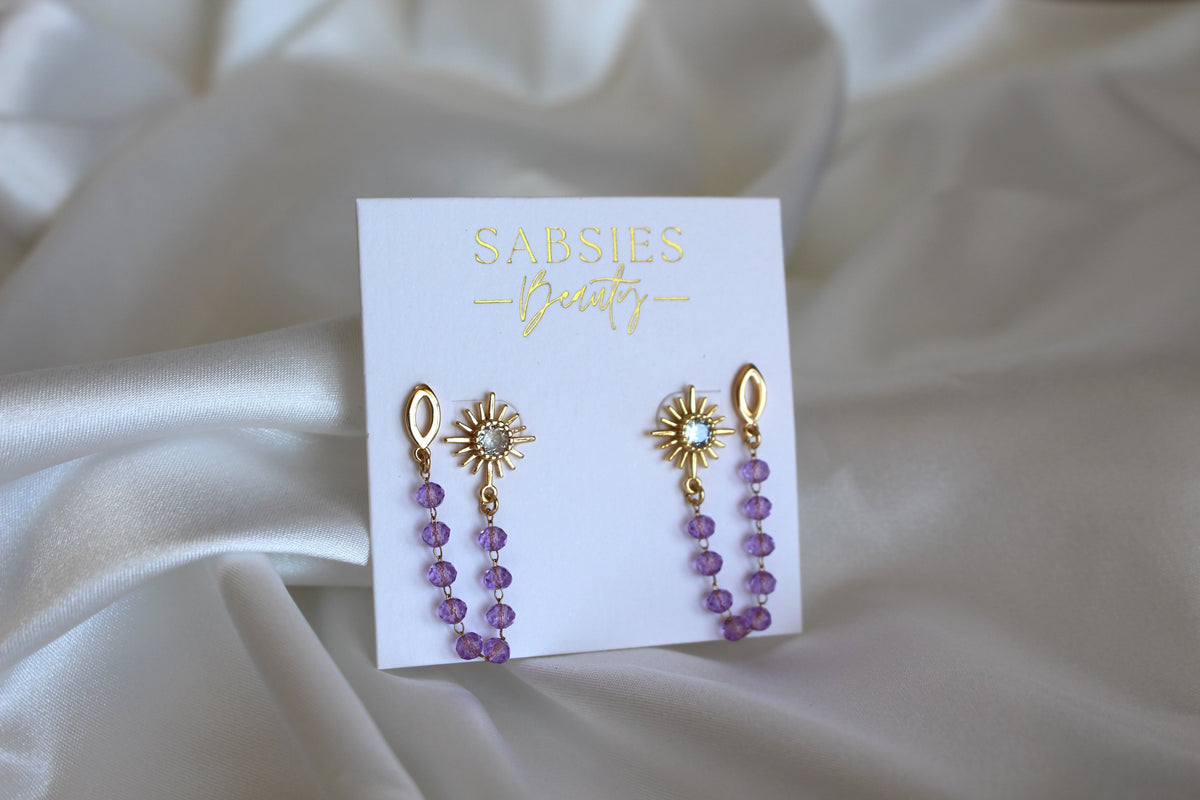 Gold Star Double Stud with Violet Beaded Chain 18k Gold Plated