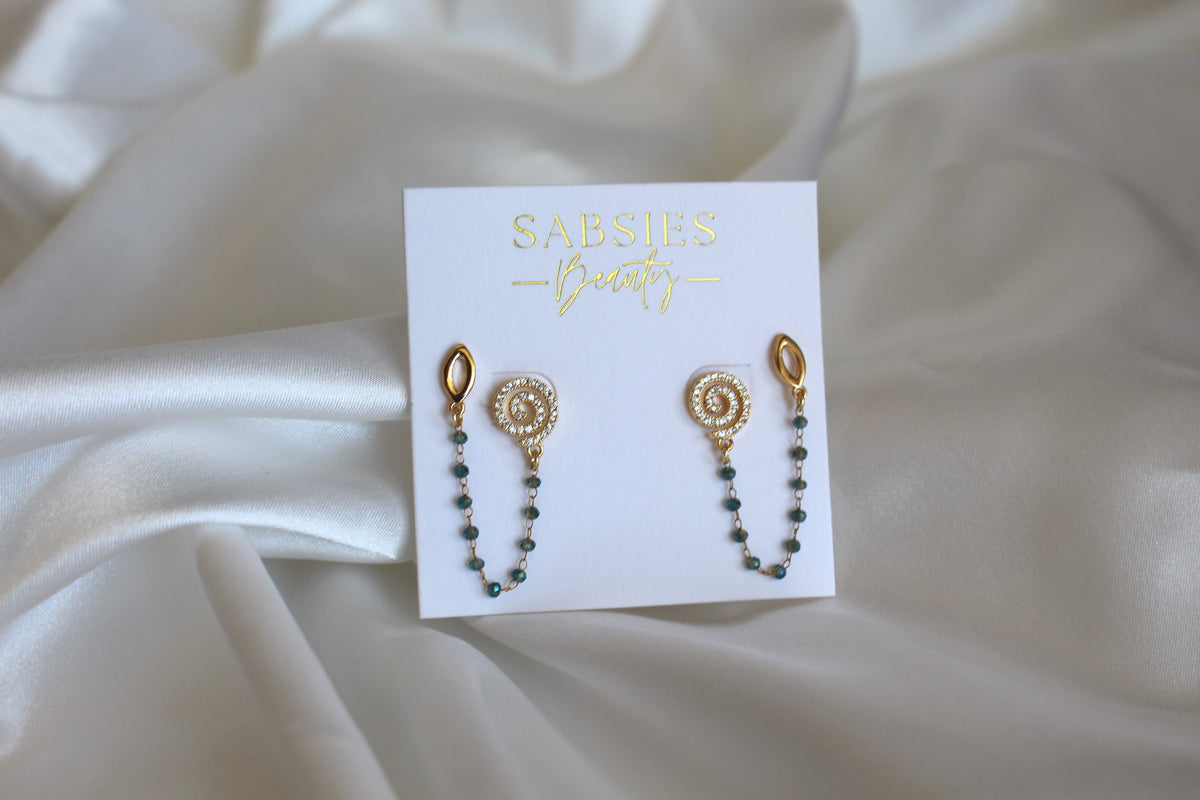 Crystal Spiral Stud with Aqua Beaded Chain 18k Gold Plated
