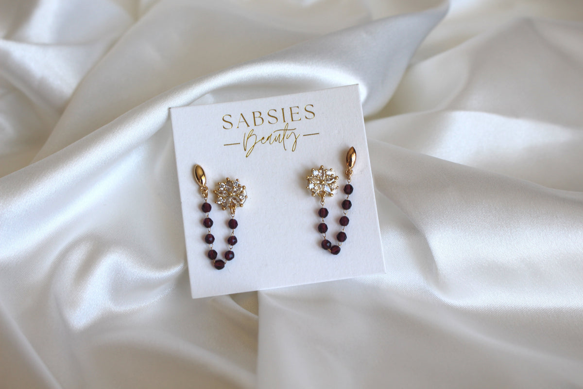 Ornate Crystal Stud with Plum Beaded Chain 18k Gold Plated