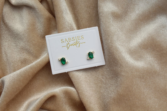 Emerald with Crystals Stud 18k Gold Plated