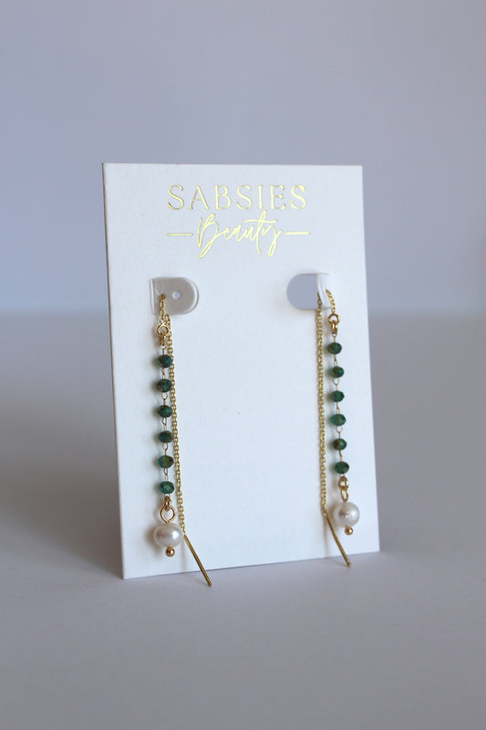 Emerald Beaded Chain Threader with Pearl 18k Gold Plated Earring
