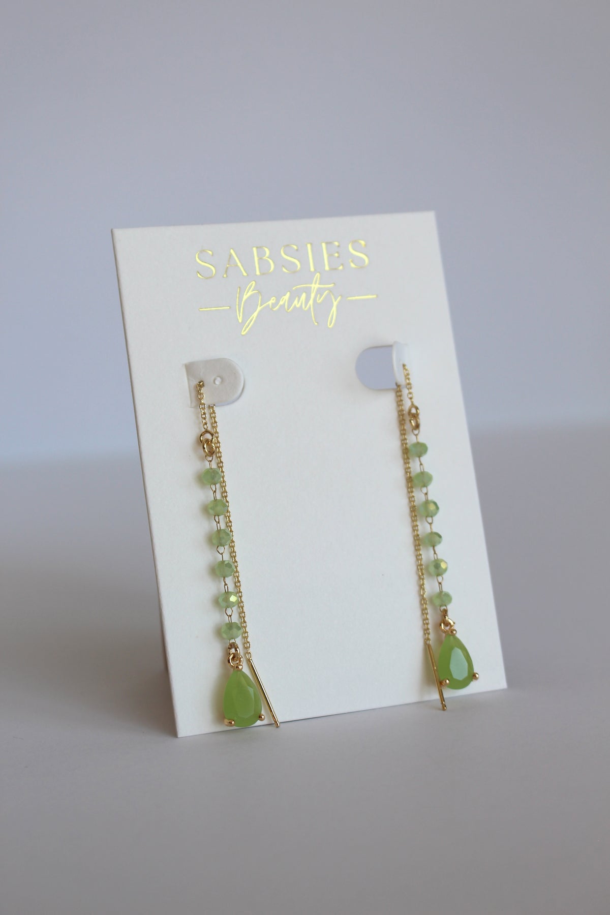 Light Green Beaded Chain Threader 18k Gold Plated Earring